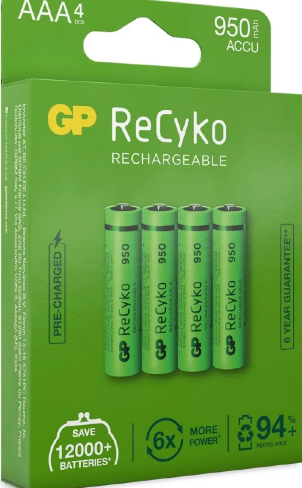 Gp Recyko Ladattava Aaa-Paristo 950Mah, 4 Kpl