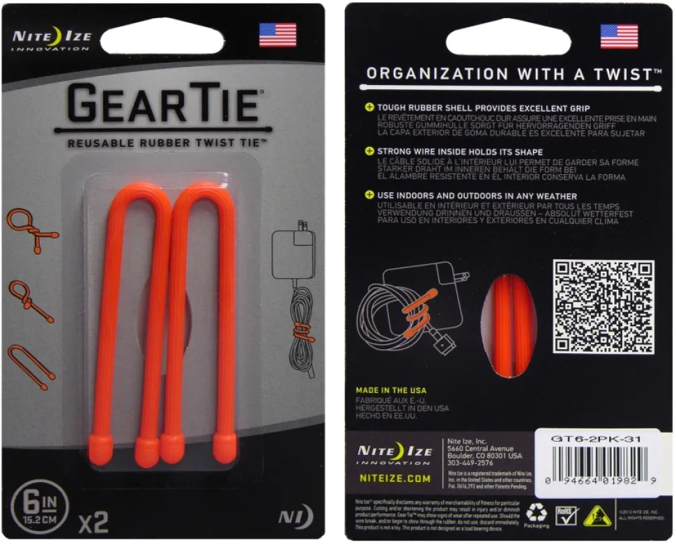 Nite Ize Gear Tie 6-Bright Orange 2-Pack