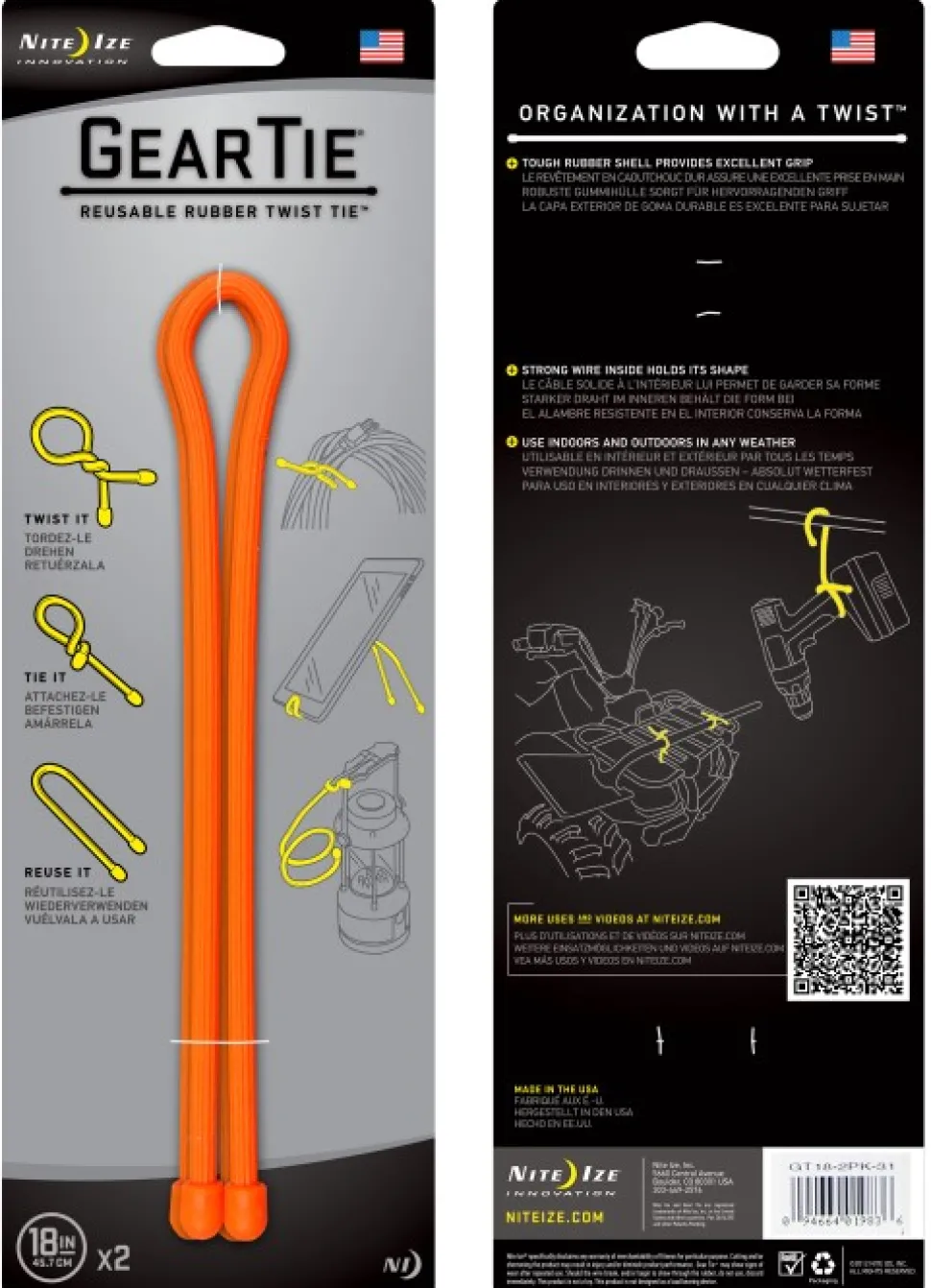 Nite Ize Gear Tie 18-Bright Orange 2-Pack